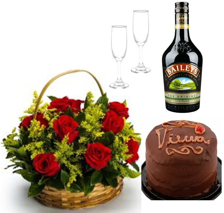  Canasta de 12 Rosas, Baileys 750cc, 2 Copas y Torta del D�a para 15 Personas